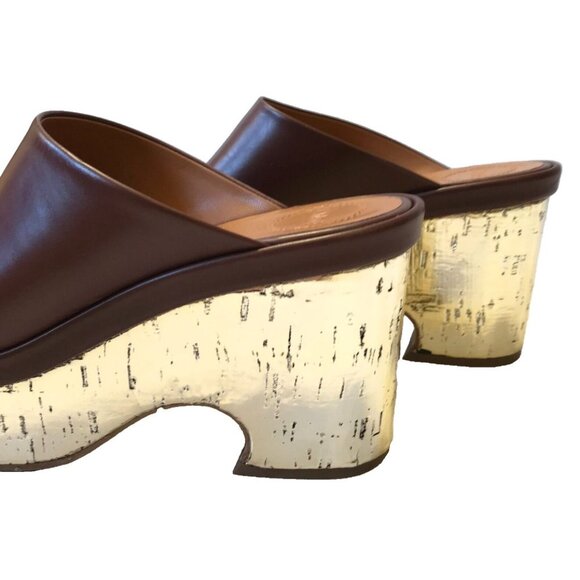 Chloe Oil Leather Cork Mule Platform Sandals Womens 41 Brown Gold Leather Slides - Picture 9 of 12